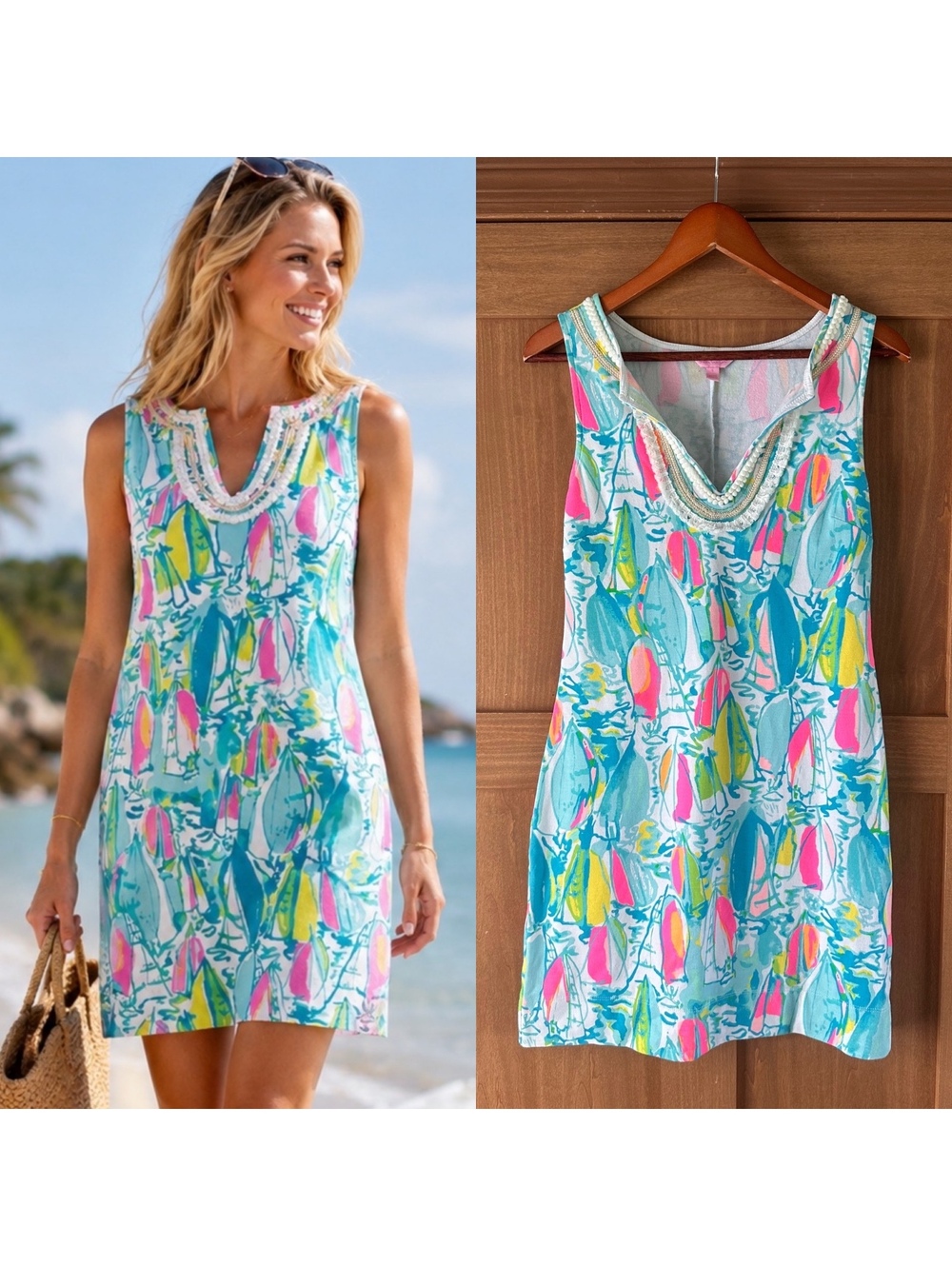 Lilly Pulitzer Harper Shift Dress in Beach and Bae Sailboat Women’s size Small